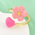 Brass Cuff Open Rings for Women, Flower, with Enamel, Cadmium Free & Lead Free, Rack Plating, Long-Lasting Plated, Real 18K Gold Plated, Pink, US Size 7 1/4(17.5mm)(KK-CBA17E5-03G-01)