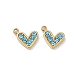304 Stainless Steel Pendants, with Rhinestone, Heart Charms, Aquamarine, 9x10x2mm, Hole: 1.4mm(STAS-L025-005G-02)