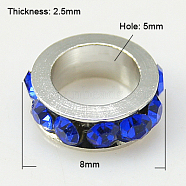 Brass Rhinestone Spacer Beads, Grade A, Platinum Metal Color, Sapphire, 8x2.5mm, Hole: 5mm(RB-H253-8x2.5mm-05)
