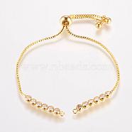 Brass Chain Bracelet Making, Box Chain Bracelets, Slider Bracelets Making, with Cubic Zirconia, Round, Real 18K Gold Plated, 9-1/2 inchx1/8 inch(240x1mm, Hole: 1mm)(MAK-P007-03-03G)