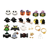 DIY Halloween Finger Ring Earring Making Kits, Including Pumpkin & Cat & Witch & Bat & Ghost Resin Cabochons, Brass Pad Ring Base Settings, 304 Stainless Steel Stud Earring Findings, Mixed Color, 84Pcs/box(DIY-SZ0008-91)