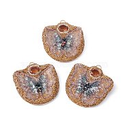 Natural Shell Big Pendants, with Rhinestone & Glass & Brass Findings, Butterfly, Light Gold, 56x51~52x10.5~12mm, Hole: 5.5x2mm(FIND-E036-01KCG)