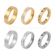 6Pcs 6 Style 201 Stainless Steel Hollow Roman Numerals Finger Ring Set with Rhinestone, Golden & Stainless Steel Color, Inner Diameter: 16.7~17.8mm, 1Pc/style(RJEW-AN0001-21)