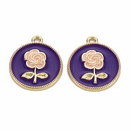 Rack Plating Alloy Pendants, with Enamel, Cadmium Free & Lead Free, Flat Round with Rose, Light Gold, Indigo, 20.5x18x2mm, Hole: 1.6mm(PALLOY-S132-237C-RS)