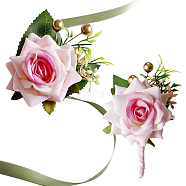CRASPIRE 2Pcs 2 Style Cloth Flower Boutonniere Brooch, with Silk Cloth Imitation Rose Wrist Corsages, for Wedding Party, Pearl Pink, 102~764x10~85mm, 1pc/style(AJEW-CP0001-58B)