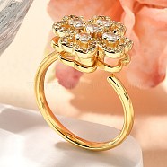 Flower Rotatable Finger Ring for Women, Brass Micro Pave Clear Cubic Zirconia Fidget Spinner Rings, Real 18K Gold Plated, 15.5x15mm, Inner Diameter: 19mm(RJEW-U035-01G-06)