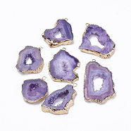 Natural Druzy Agate Pendants, with Golden Tone Iron Findings, Dyed, Nuggets, Blue Violet, 20~60x13~50x4~8mm, Hole: 1~4mm(G-Q494-65M-G)