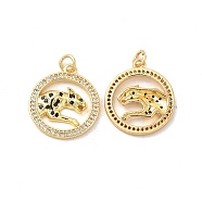 Brass Micro Pave Cubic Zirconia Pendants, with Jump Ring, Flat Round with Cheetah/Leopard Charm, Golden, Black, 21x18.5x3mm, Hole: 3mm(KK-H441-36G)