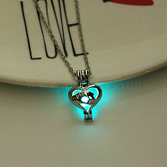 Alloy Heart with Word Mom Cage Pendant Necklace with Luminous Plastic Beads, Glow in the Dark Jewelry for Mother's Day, Cyan, 17.72 inch(45cm)(LUMI-PW0001-084P-01)