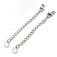 304 Stainless Steel Curb Chain Extender, End Chains with Lobster Claw Clasps and Heart Chain Tabs, Stainless Steel Color, 75mm(STAS-G310-06P)