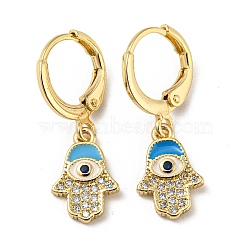 Real 18K Gold Plated Brass Dangle Leverback Earrings, with Enamel and Cubic Zirconia, Hamsa Hand with Evil Eye, Deep Sky Blue, 26x9mm(EJEW-A033-20G)