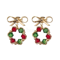 GLass Dangle Earrings, with Brass Stud Earring Findings, Bowknot with Wreath, Golden, 20x14.5mm(EJEW-TA00439)