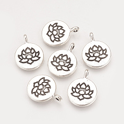 Tibetan Style Alloy Pendants, Flat Round with Lotus, Cadmium Free & Lead Free, Antique Silver, 20x15x2mm, Hole: 2mm(X-TIBE-Q075-45AS-LF)