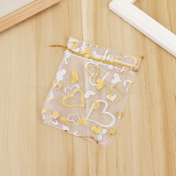 Rectangle Organza Drawstring Gift Bags, Gold Stamping Heart Pouches for Wedding Party Gift Storage, Clear, 16x11cm(PAAG-PW0012-15C-01A)