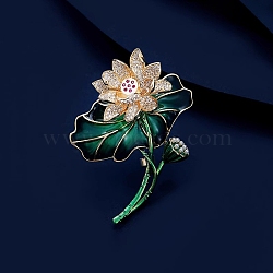 Lotus Enamel Pin, Alloy Rhinestone Brooch for Backpack Clothes, Green, 60x45mm(PW-WGD1C40-01)