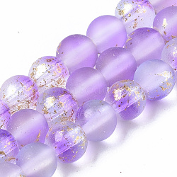 Frosted Spray Painted Glass Beads Strands, with Golden Foil, Round, Orchid, 6~7mm, Hole: 1.2~1.5mm, about 65~67pcs/Strand, 14.76 inch~15.12 inch(37.5~38.4cm)(X-GLAA-N035-03B-C11)