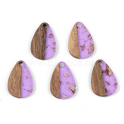 Transparent Resin & Walnut Wood Pendants, with Gold Gold Foil, Teardrop, Lilac, 21.5x14.5x3mm, Hole: 2mm(RESI-S389-027A-B01)