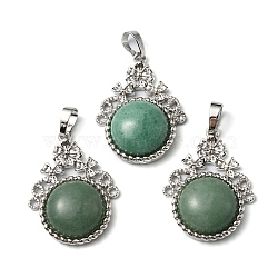 Natural Green Aventurine Pendants, with Rack Plating Brass Findings, Cadmium Free & Lead Free, Flat Round & Flower, 34~34.5x25.5~26x8.5~9mm, Hole: 8x5.5mm(G-P498-01P-07)