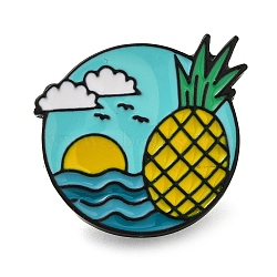 Outdoor Beach Series Travel Enamel Pins, Round Black Alloy Brooch, Pineapple, 26x27.5mm(JEWB-Z030-03B)