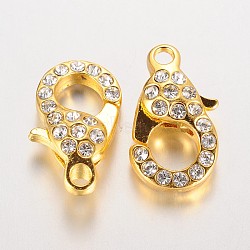 Alloy Glass Rhinestone Lobster Claw Clasps, Golden, 21x12.5x7mm, Hole: 2.5mm(ZIRC-F022-63G)