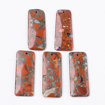Assembled Synthetic Pyrite and Red Jasper Big Pendants, Rectangle, 50x20x4mm, Hole: 1.6mm