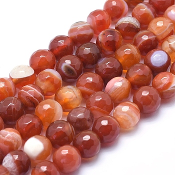 Natural Agate Beads, Dyed, Faceted Round, Coral, 8mm, Hole: 1mm, about 48pcs/strand, 14.1 inch(36cm)
