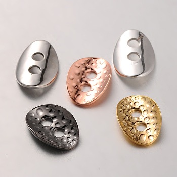 Brass Buttons, 2-Hole, Hammered Oval, Mixed Color, 14x10x1mm, Hole: 2mm