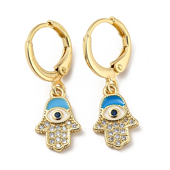 Real 18K Gold Plated Brass Dangle Leverback Earrings, with Enamel and Cubic Zirconia, Hamsa Hand with Evil Eye, Deep Sky Blue, 26x9mm