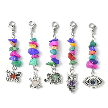 Tibetan Style Alloy Pendant Decorations, Gemstone Bead and 304 Stainless Steel Lobster Claw Clasps Charms, Mixed Shapes, 63~72.5mm
