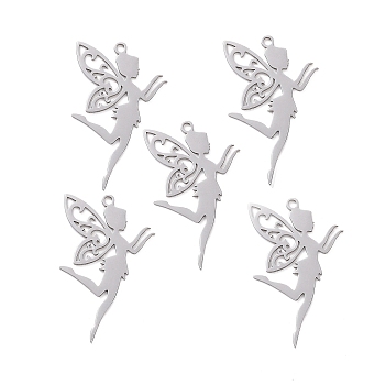 201 Stainless Steel Pendants, Laser Cut, Fairy, Stainless Steel Color, 41x25x1mm, Hole: 1.8mm