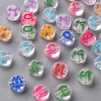 Transparent Clear Acrylic Beads, Horizontal Hole, Flat Round with Random Letter, Mixed Color, 7x4mm, Hole: 1.6mm, about 3700pcs/500g