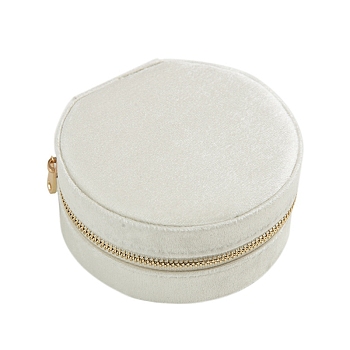 Round Velvet Jewelry Zipper Boxes, Portable Travel Jewelry Organizer Case, for Earrings, Rings, Necklaces Storage, White, 10x5cm