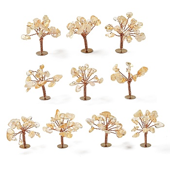 Natural Citrine Chips Display Decorations, with Golden Plated Brass Wires, Lucky Tree, 24~27x32~41x33~42mm