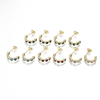 Brass Micro Pave Cubic Zirconia Stud Earrings, Half Hoop Earrings, with Ear Nuts, Nickel Free, Real 18K Gold Plated, Flat Round, Mixed Color, 14.5x4mm, Pin: 0.8mm