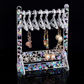Elite 1 Set Transparent Acrylic Earring Display Stands, with Colorful Flower Sequins, Clothes Hanger-shaped, Clear, Finished Product: 12x6x16cm, about 11pcs/set