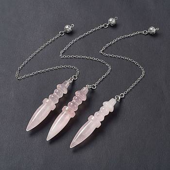 Natural Rose Quartz Pointed Dowsing Pendulums, with Rack Plating Brass Findings, Cadmium Free & Lead Free, Bullet, 247x2.5mm, Hole: 1.2~1.8mm