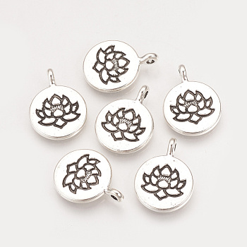 Tibetan Style Alloy Pendants, Flat Round with Lotus, Cadmium Free & Lead Free, Antique Silver, 20x15x2mm, Hole: 2mm
