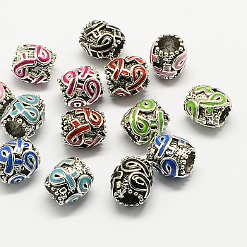 Alloy Awareness Ribbon Enamel European Beads, Drum Large Hole Beads, Antique Silver, Mixed Color, 11.5x11mm, Hole: 5~6mm