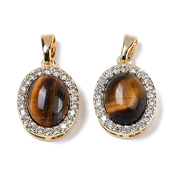 Brass with Cubic Zirconia and Tiger-Eye Pendants, Oval, Real 18K Gold Plated, 16x12x8mm, Hole: 4x2mm