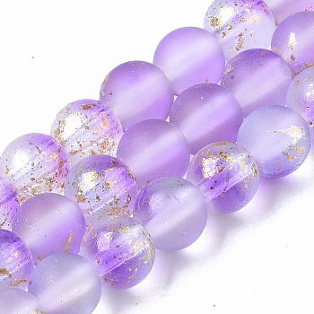Frosted Spray Painted Glass Beads Strands, with Golden Foil, Round, Orchid, 6~7mm, Hole: 1.2~1.5mm, about 65~67pcs/Strand, 14.76 inch~15.12 inch(37.5~38.4cm)