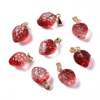Two Tone Transparent Spray Painted Glass Pendants, with Golden Plated Iron Bails and Gold Foil, Strawberry, Brown, 17~18x11~12x10mm, Hole: 6x2mm