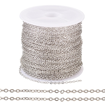 Brass Coated Iron Flat Cable Chains, Soldered, with Spool, Flat Oval, Platinum, 2x1.5x0.3mm, about 32.81 Feet(10m)/Roll
