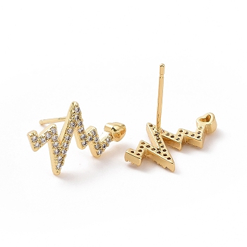 Clear Cubic Zirconia Heart Beat Stud Earrings, Brass Jewelry for Women, Golden, 12x17mm, Pin: 0.8mm