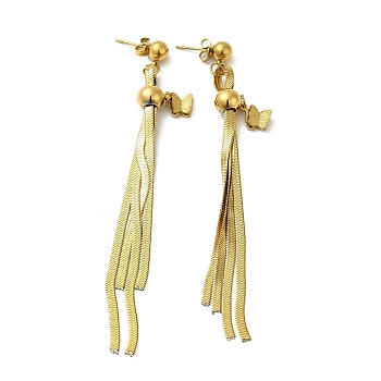 Titanium Steel Butterfly Dangle Stud Earrings, Long Chains Tassel Earrings, Golden, 90x10mm