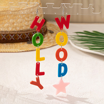 Acrylic Dangle Earrings, Word HOLLY WOOD, Left and Right, Platinum, Colorful, 174x37mm