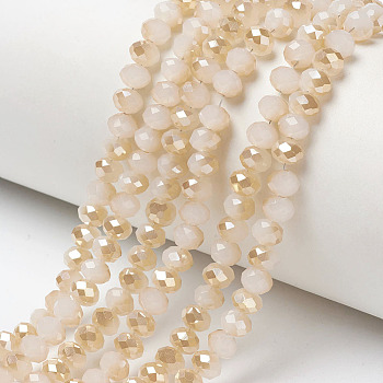 Electroplate Glass Beads Strands, Imitation Jade Beads, Half Plated, Rainbow Plated, Faceted, Rondelle, Bisque, 4x3mm, Hole: 0.4mm, about 123~127pcs/strand, 16.5~16.9 inch(42~43cm)