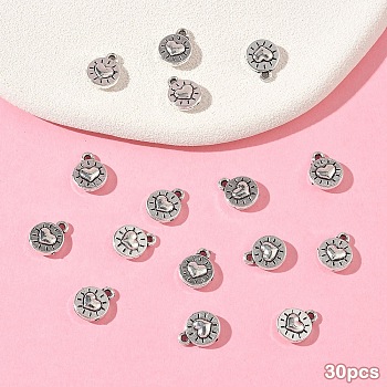 30Pcs Tibetan Style Alloy Charms, Flat Round with Heart Charms, Antique Silver, 10x8mm