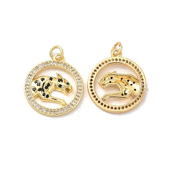Brass Micro Pave Cubic Zirconia Pendants, with Jump Ring, Flat Round with Cheetah/Leopard Charm, Golden, Black, 21x18.5x3mm, Hole: 3mm
