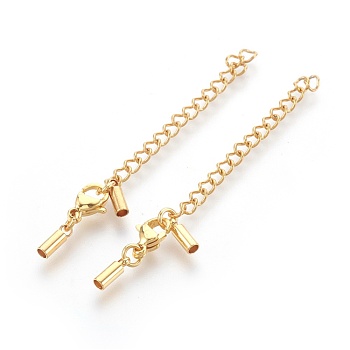 304 Stainless Steel Chain Extender, Lobster Claw Clasps for Jewelry Making, Golden, 28mm, Hole: 2mm, Cord End: 8x2.5mm, Clasp: 6x9mm, Extension Chain: 45mm, Jump Ring: 4x1mm