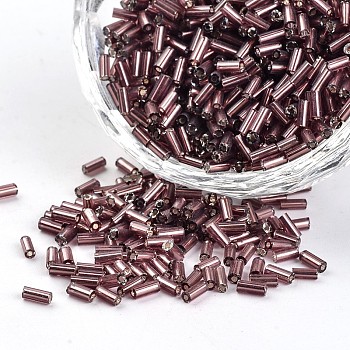 Silver Lined Round Hole Glass Bugle Beads, Old Rose, 3~5x1.8~2mm, Hole: 0.8mm, about 12000pcs/450g